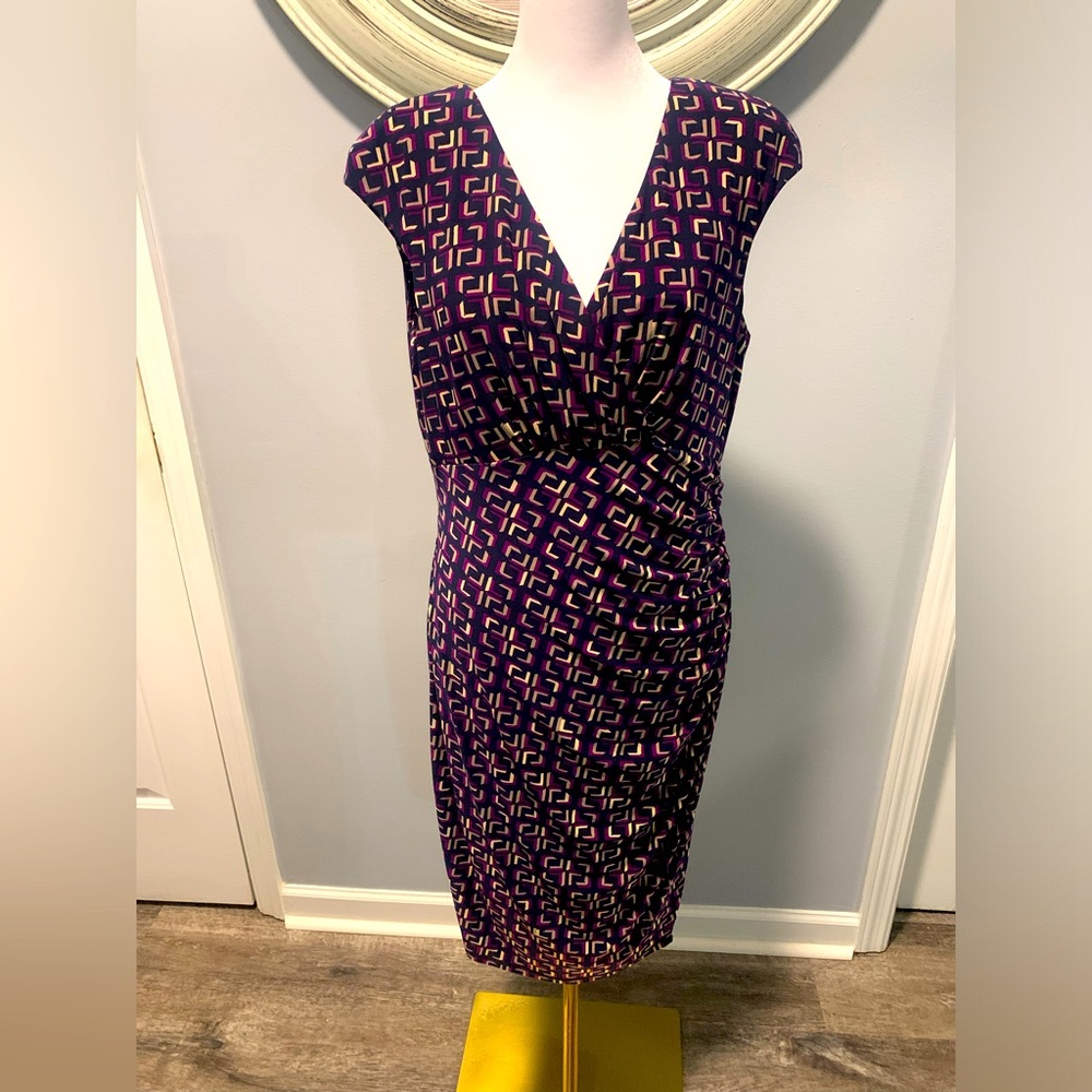 LRL Ralph Lauren Blue Geometric Print Jersey Sheath Work Social Dress Size 10
